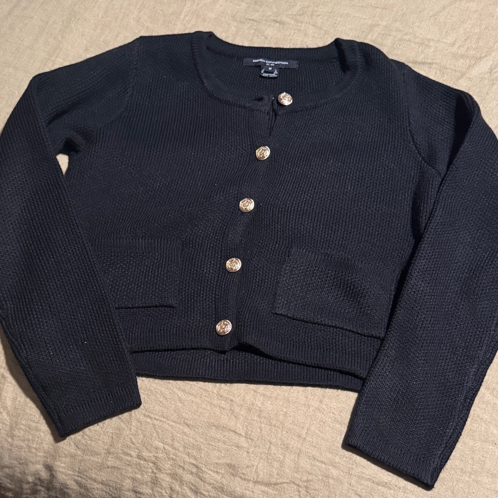 French Connection Black Cardigan with Gold Buttons